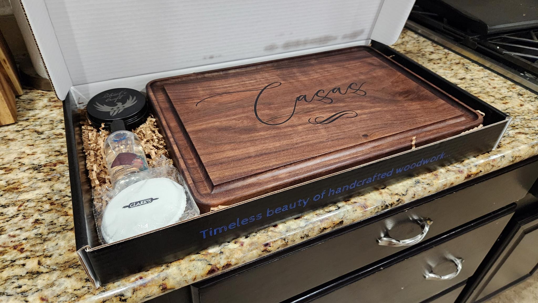 Large Cutting Board Closing Gift Package (Oil, Wax and Wax applicator pad shown.  Scrubber and oil applicator also available).